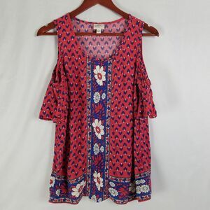 St. John's Bay Shirt Womens Small Red Top Floral Cold Shoulder Sleeve Scoop Neck